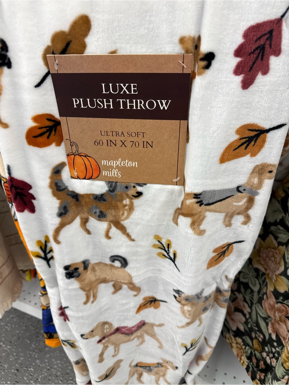 White Plush Throw Blanket with Tan & Brown Autumn Dog Print